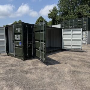 20′ x 8′ x 8.5′ Tall– New **OPEN SIDE**Shipping/Storage Container-STANDARD HEIGHT– Wind and Watertight – GREEN